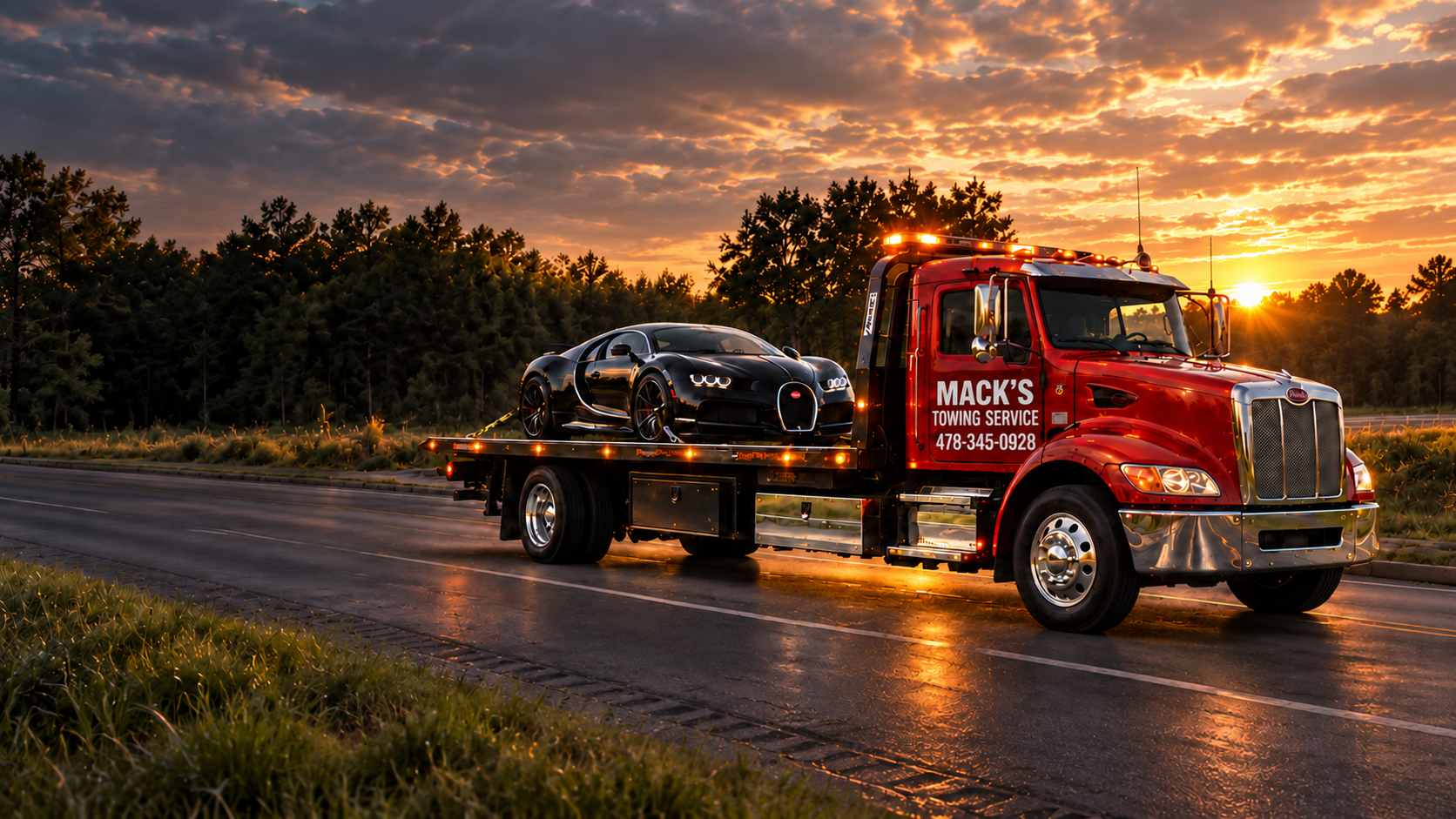 Red Mack's rollback truck carrying a black luxury sports car on a Georgia road