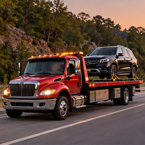 Red flatbed truck transporting a luxury SUV