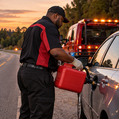 Roadside technician delivering emergency fuel