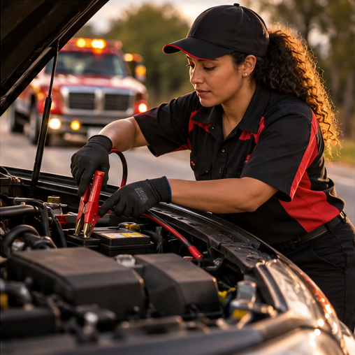 Technician jump-starting a vehicle battery