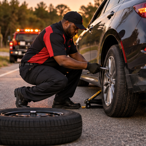 Roadside technician changing a tire