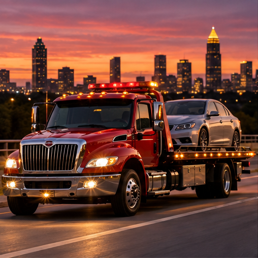 Red rollback truck transporting a sedan